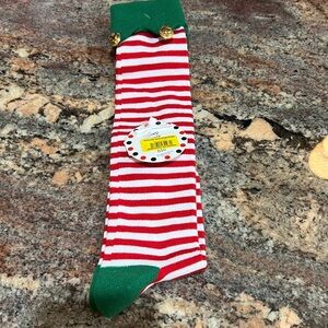 Ladies holiday Elf Socks, Red/White striped with a green top with bells on it